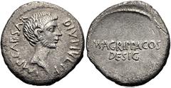 Octavian. 38 BC. AR Denarius (18mm, 3.69 g, 12h). Military mint moving with Agrippa in Gaul or Octavian in Italy. Bare head right, with slight beard / M•AGRIPPA COS/ DESIG in two lines across field. C
