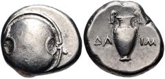 BOEOTIA, Thebes. Circa 395-338 BC. AR Stater (21mm, 12.19 g). Daim-, magistrate. Struck circa 379-368 BC. Boeotian shield / Amphora; ΔA-IM across central field; all within concave circle. Hepworth 18;