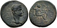 LYDIA, Philadelphia. Gaius (Caligula). AD 37-41. Æ 18mm (3.88 g, 6h). Artemon Hermogenous, magistrate. Laureate head right / Agrippina I as goddess seated right, holding scepter and cornucopia. RPC II
