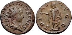 Tetricus II. Romano-Gallic Emperor, AD 273-274. Antoninianus (18mm, 2.90 g, 11h). Colonia Agrippina (Cologne) mint. 7th emission, AD 272-273. Radiate and draped bust right / Spes advancing left, holdi