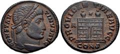 Constantine I. AD 307/310-337. Æ Follis (19mm, 3.16 g, 6h). Constantinople mint, 1st officina. Struck AD 326-327 AD. Laureate head right / Camp gate surmounted by two turrets on raised base; above, st