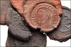 ROMAN. Imperial. Lot of Five (5) Counterfeiter’s Molds. Includes: Obverse Follis molds. Galerius, as Caesar (2) // Galerius // Reverse Follis molds. Genius from Alexandria // Moneta from Trier (broken