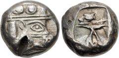 Greek LYCIA, Phaselis. Circa 530-500 BC. AR Stater (18mm, 10.97 g). Prow of galley right, terminating in a boar's forepart / Incuse square divided by two bands, with Λ-shaped feature in one section. H