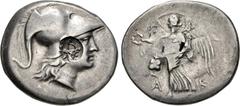 Greek PAMPHYLIA, Side. Circa 205-100 BC. AR Tetradrachm (31mm, 16.98 g, 12h). Ak–, magistrate. Helmeted head of Athena right; c/m: bow-in-bowcase, TPAΛ to left, all within incuse circle / Nike advanci