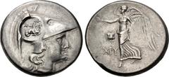 Greek PAMPHYLIA, Side. Circa 205-100 BC. AR Tetradrachm (30mm, 17.02 g, 12h). Chry–, magistrate. Helmeted head of Athena right; c/m: bow-in-bowcase, AΠA to left, all within incuse circle / Nike advanc