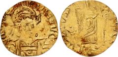 Central Asian LOCAL ISSUES, Silk Road Region. 5th-8th centuries AD. AV Imitation Solidus (15mm, 0.50 g, 6h). Imitating a Constantinople mint AV Solidus of Theodosius I. Pearl-diademed, helmeted, and c