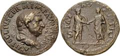 Roman Imperial Vitellius. AD 69. Æ Dupondius (29mm, 12.53 g, 6h). Rome mint. Struck circa late April-20 December. A VITELLIVS GERM IMP AVG P M TR P, laureate and draped bust right / PAX AV GVSTI, S C 