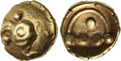 Celtic CENTRAL EUROPE, Vindelici. Early 1st century BC. AV 1/4 Stater (11mm, 1.86 g, 11h). 'Vogelkopf' type. Head of eagle(?) left; pellet above and below beak; all within wreath-like torc / Five pell