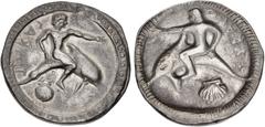 Greek CALABRIA, Tarentum. Circa 510-500 BC. AR Nomos (25mm, 7.88 g, 12h). Taras, nude, riding dolphin right, extending left hand, right hand resting on dolphin's back; TARAS (retrograde) to left, scal