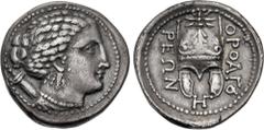 Greek THRACE, Orthagoreia. Circa 340s-330s BC. AR Stater (24mm, 10.37 g, 12h). Bust of Artemis right, wearing triple-pendant earring and pearl necklace; quiver over shoulder / Chalkidian helmet facing