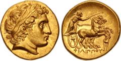 Greek KINGS of MACEDON. Philip III Arrhidaios. 323-317 BC. AV Stater (18mm, 8.62 g, 11h). In the types of Philip II. Kolophon mint. Struck under Menander or Kleitos, circa 322-319 BC. Head of Apollo r