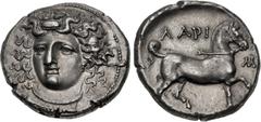 Greek THESSALY, Larissa. Circa 356-342 BC. AR Stater (24mm, 11.89 g, 5h). Late facing head type. Head of the nymph Larissa facing slightly left, hair in ampyx, wearing necklace / Bridled horse prancin