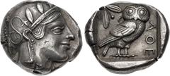 Greek ATTICA, Athens. Circa 454-404 BC. AR Tetradrachm (24mm, 17.16 g, 11h). Head of Athena right, with frontal eye, wearing earring, necklace, and crested Attic helmet decorated with three olive leav
