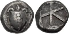 Greek ISLANDS off ATTICA, Aegina. Circa 480-457 BC. AR Stater (19mm, 11.89 g, 4h). Sea turtle, head in profile, with 'T-back' design on shell / Large square incuse with skew pattern. Meadows, Aegina, 