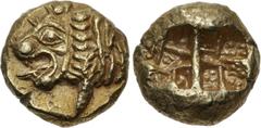 Greek IONIA, Uncertain. Mid 6th century BC. EL Trite – Third Stater (13mm, 4.74 g). Lydo-Milesian standard. Head of roaring lion left, with protruding tongue, and head of bull right, inverted and conj