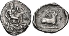Greek CYPRUS, Salamis. Evagoras I. Circa 411-374/3 BC. AR Stater (22.5mm, 11.04 g, 9h). Herakles seated right on rock draped with lion's skin, leaning on club and holding cornucopia; e-u-[wa-ko-ro] (i