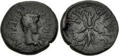 Roman Provincial LYDIA, Philadelphia (as Neocaesarea). Tiberius. AD 14-37. Æ (16mm, 3.19 g, 6h). TIBEPION CЄBACTON, bare head right / NEOKECAPEIC, thunderbolt. Clark, Renaming 33e (dies O1/R3 – this c