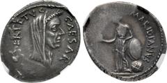 Roman Republican The Caesarians. Julius Caesar. February-March 44 BC. AR Denarius (18mm, 3.72 g, 7h). Lifetime issue. Rome mint; C. Cossutius Maridianus, moneyer. Laureate and veiled head right; CAESA