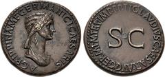 Roman Imperial Agrippina Senior. Died AD 33. Æ Sestertius (35.5mm, 28.82 g, 6h). Rome mint. Struck under Claudius, AD 42-43. AGRIPPINA • M • F • GERMANICI • CAESARIS •, draped bust right / TI CLAVDIVS