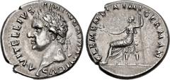 Roman Imperial Vitellius. AD 69. AR Denarius (18mm, 3.57 g, 6h). Tarraco mint. Struck circa January-June. A • VITELLIVS • IMP • GERMANICVS , laureate head left, globe at point of neck / CLEMENTIA IMP 