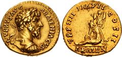 Roman Imperial Lucius Verus. AD 161-169. AV Aureus (19mm, 6.64 g, 12h). Rome mint. Struck AD 163. • L • VERVS ΛVG • ΛRMENIΛCVS, laureate and cuirassed bust right / TR P IIII • IMP II COS II, ΛRMEN in 