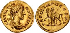 Roman Imperial Commodus. AD 177-192. AV Aureus (20.5mm, 7.35 g, 12h). Rome mint. Struck AD 178. L AVREL COM MODVS AVG, laureate, draped, and cuirassed bust right / TR P III IMP II COS P P, Castor stan