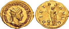 Roman Imperial Volusian. AD 251-253. AV Binio (23mm, 5.39 g, 6h). Rome mint, 3rd officina. 4th emission, early AD 253. IMP CAE C VIB VOLVSIANO AVG, radiate, draped, and cuirassed bust right / PIETAS A