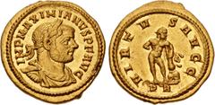 Roman Imperial Maximianus. First reign, AD 286-305. AV Quinarius – Half-Aureus (15mm, 3.40 g, 6h). Rome mint. Struck circa AD 296-299. IMP MAXIMIANVS P F AVG, laureate, draped, and cuirassed bust righ