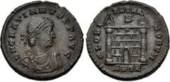 Roman Imperial Gratian. AD 367-383. Æ (22mm, 4.26 g, 12h). Treveri (Trier) mint. Struck August AD 367 - February AD 369. D N GRATIANVS P F AVG, pearl-diademed, draped, and cuirassed bust right / GLORI