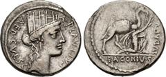 Judaea & Rome ROMAN REPUBLICAN. A. Plautius. 55 BCE. AR Denarius (18mm, 3.54 g, 6h). Rome mint. Turreted head of Cybele right, wearing cruciform earring, hair in knot, locks falling down neck; AED • C
