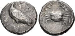 Greek SICILY, Akragas. Circa 510-495 BC. AR Didrachm (21mm, 8.25 g, 3h). Sea eagle standing left / Crab. Westermark, Coinage, Period I, Group I, 83 (O35/R48); HGC 2, 87. Toned, struck with worn dies, 