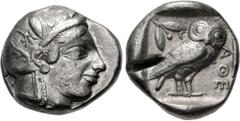 Greek ATTICA, Athens. Circa 454-404 BC. AR Tetradrachm (25mm, 17.11 g, 5h). Helmeted head of Athena right, with frontal eye / Owl standing right, head facing, closed tail feathers; olive spray and cre