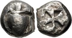 Greek ISLANDS off ATTICA, Aegina. Circa 525-480 BC. AR Stater (17mm, 11.43 g). Sea turtle, head in profile, with thick collar and [row of dots down its back] / Incuse square of 'Union Jack' pattern wi