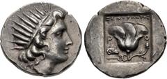 Greek ISLANDS off CARIA, Rhodos. Rhodes. Circa 188-170 BC. AR Drachm (15.5mm, 2.93 g, 12h). 'Plinthophoric' coinage. Xenophantos, magistrate. Radiate head of Helios right / Rose with bud to right; ΞEN