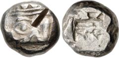 Greek LYCIA, Phaselis. Circa 530-500 BC. AR Stater (18mm, 11.03 g). Prow of galley left, terminating in a boar's forepart / Incuse square divided by two bands, with Λ-shaped feature in one section. He
