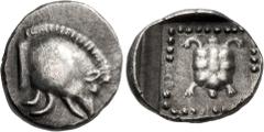 Greek DYNASTS of LYCIA. Uncertain dynast. Circa 490/80-440/30 BC. AR Sixteenth Stater – Obol (8mm, 0.53 g, 9h). Forepart of boar right / Tortoise in dotted square border within incuse square. Cf. Müse