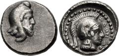 Greek DYNASTS of LYCIA. Ddenewele. Circa 420/10-400 BC. AR Twelfth Stater (8.5mm, 0.74 g, 11h). Tlos mint. Head of male (Vekhssere?) right, wearing kyrbasia / Helmeted head of Athena right within incu