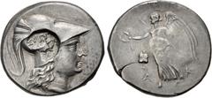 Greek PAMPHYLIA, Side. Circa 205-100 BC. AR Tetradrachm (30mm, 16.83 g, 12h). Ak–, magistrate. Helmeted head of Athena right; c/m: ΣY-N and bow-in-bowcase within incuse circle / Nike advancing left, h