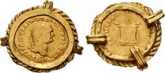 Roman Imperial Domitian. As Caesar, AD 69-81. AV Aureus bezel set in ancient gold pendant (28.5mm, 11.42 g, 7h). Rome mint. Struck under Titus, AD 80-81. Laureate head right / Garlanded and lighted al