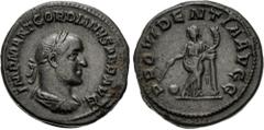 Roman Imperial Gordian II. AD 238. AR Denarius (17.5mm, 3.30 g, 12h). Rome mint. Struck 1-22 April. IMP M ANT GORDIANVS AFR AVG, laureate, draped, and cuirassed bust right / PROVIDENTIA AVGG, Providen