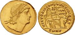 Roman Imperial Constantine I. AD 307/310-337. AV Solidus (21mm, 4.04 g, 5h). Nicomedia mint, 1st officina. Struck AD 335. Rosette-diademed head right, eyes to God / Victory, winged and draped, seated 