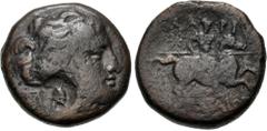 Greek THESSALY, Larissa. 3rd century BC. Æ Tetrachalkon (20mm, 8.71 g, 12h). Head of the nymph Larissa right; monogram to left; c/m: spiked helmet within incuse circle / Warrior, holding spear, on hor