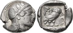 Greek ATTICA, Athens. Circa 454-404 BC. AR Tetradrachm (25.5mm, 17.09 g, 2h). Helmeted head of Athena right, with frontal eye / Owl standing right, head facing, closed tail feathers; olive spray and c
