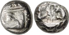 Greek LYCIA, Phaselis. Circa 530-500 BC. AR Stater (16mm, 10.94 g). Prow of galley left, terminating in a boar's forepart / Incuse square divided by two bands, with Λ-shaped feature in one section. He