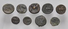 Large Lots GREEK. Magna Graecia & Sicily. Lot of nine (9) bronze issues. Includes: various Sicilian and Punic issues. Average Good Fine, some roughness. LOT SOLD AS IS, NO RETURNS. Nine (9) coins in l