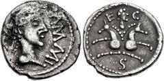 CELTIC, Britain. Cantii. Amminus. Circa AD 35-40. AR Unit (11mm, 0.90 g, 11h). Amminus Biga type. Male head right; AMMI before / Celticized charioteer in facing biga; S-E-G around. Van Arsdell -; SCBC