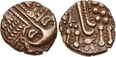CELTIC, Britain. Durotriges. Uninscribed. Circa 65 BC-AD 45. AV Stater (18mm, 5.12 g, 2h). Durotrigan D, Cheriton type. Stylized head of Apollo right, highly devolved, with large crescent face / Disjo