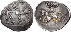 CELTIC, Britain. North-Eastern series ('Corieltauvi'). Uninscribed. Circa 50 BC - AD 30. AR Unit (16mm, 1.44 g, 12h). Wolf/Horse type. Wolf standing right; three pellet-in-annulets above, ornament to 