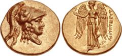 KINGS of MACEDON. Philip III Arrhidaios. 323-317 BC. AV Stater (19mm, 8.60 g, 12h). In the name and types of Alexander III. Ake mint. Dated CY 25 (322/1 BC). Helmeted and draped bust of Athena right, 