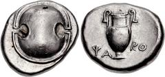 BOEOTIA, Thebes. Circa 395-338 BC. Fourrée AR Stater (21mm, 9.98 g). Charo-, magistrate. Struck circa 379-368 BC. Boeotian shield / Amphora; (archaic X)A-RO across field; all within concave circle. Cf